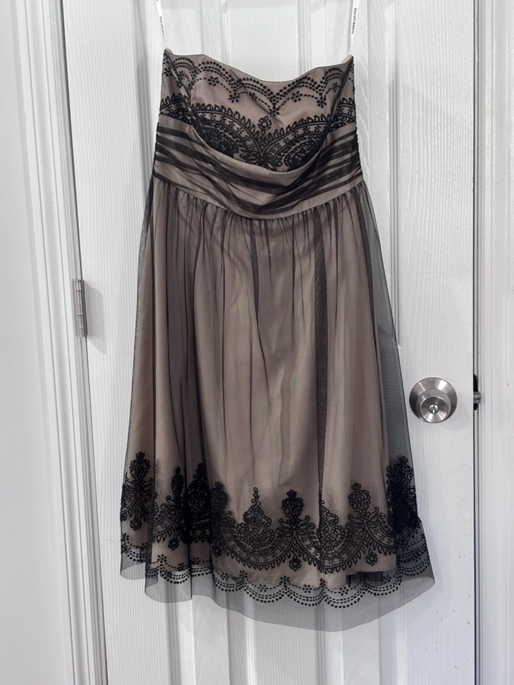 🩷David's Bridal Taupe Strapless Dress with Black Lace - Picture 2 of 13